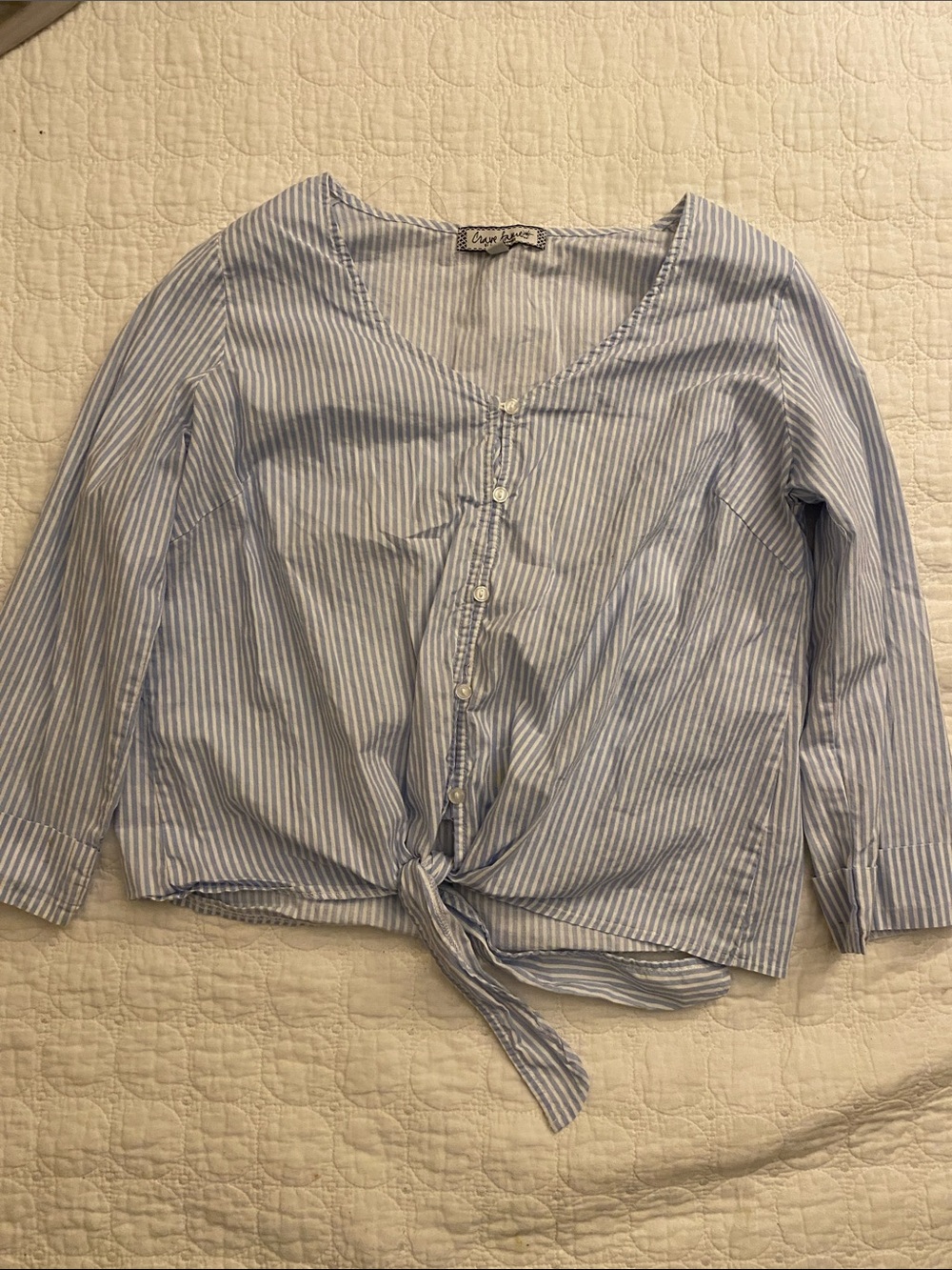 Crave Fame Blue and White Striped Tie-Front Button Down Shirt